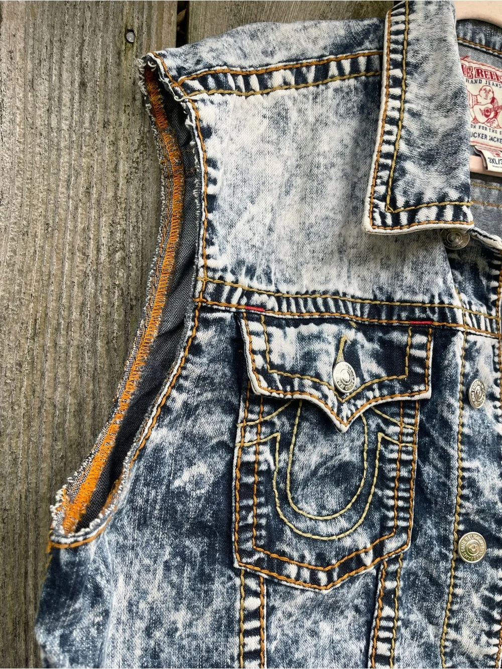 True Religion Acid Wash Denim Trucker Vest Sleeveless Jean Jacket Big Tall 3XL